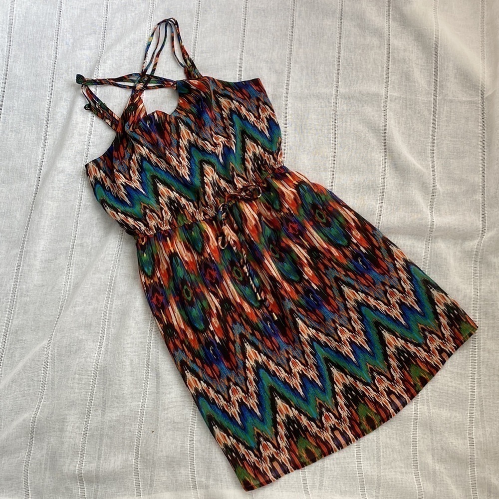 Speed Control sleeveless mini sundress with stunning bright colors.